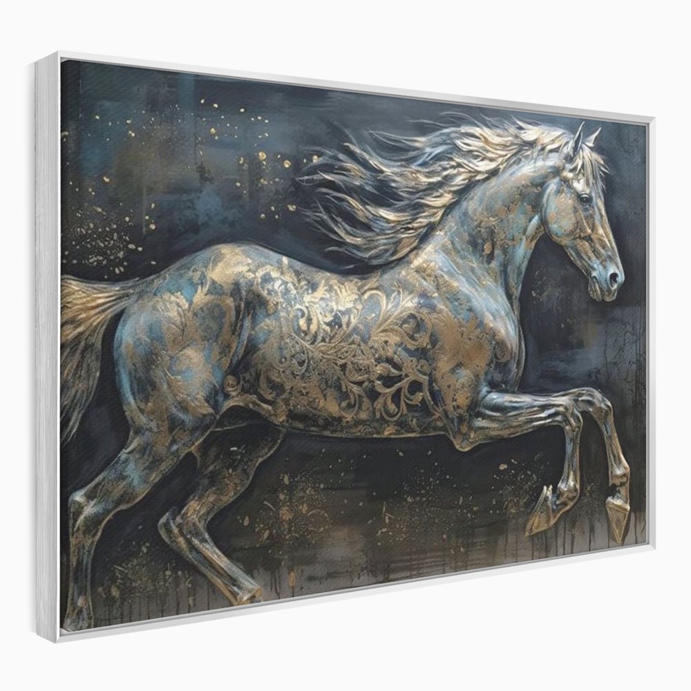 Tablou canvas cu tablou canvas cu armasar in galop, in rama de aluminiu argintiu